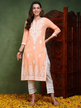 Women Peach Viscose Rayon Solid Embroidered Chikankari Straight Kurta